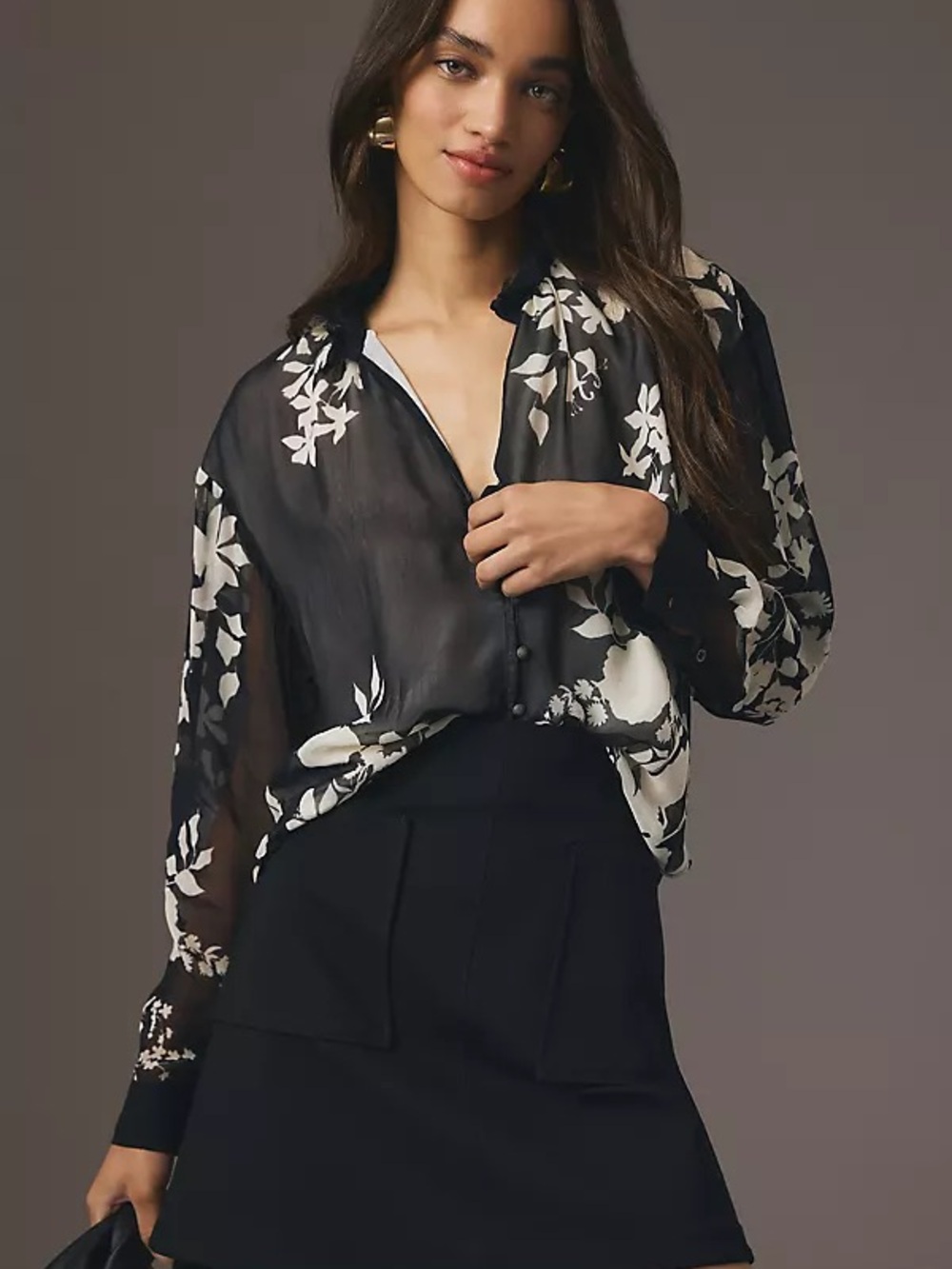 Anthropologie Pilcro Black White Floral Sheer Button Blouse Top Women’s M NWT